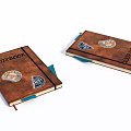 Vintage Leather Notebooks With Brown Cover And Emblems And Colored Bookmark Ribbons