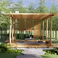 Wooden Garden Pavilion with Wicker Screens Surrounded by Bamboo Lush Greenery and Stone Path