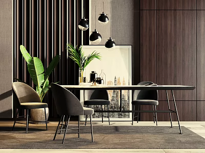 Modern Dining Table Set With Black Chairs Pendant Lights Large Green Plant And Wooden Walls 3d model