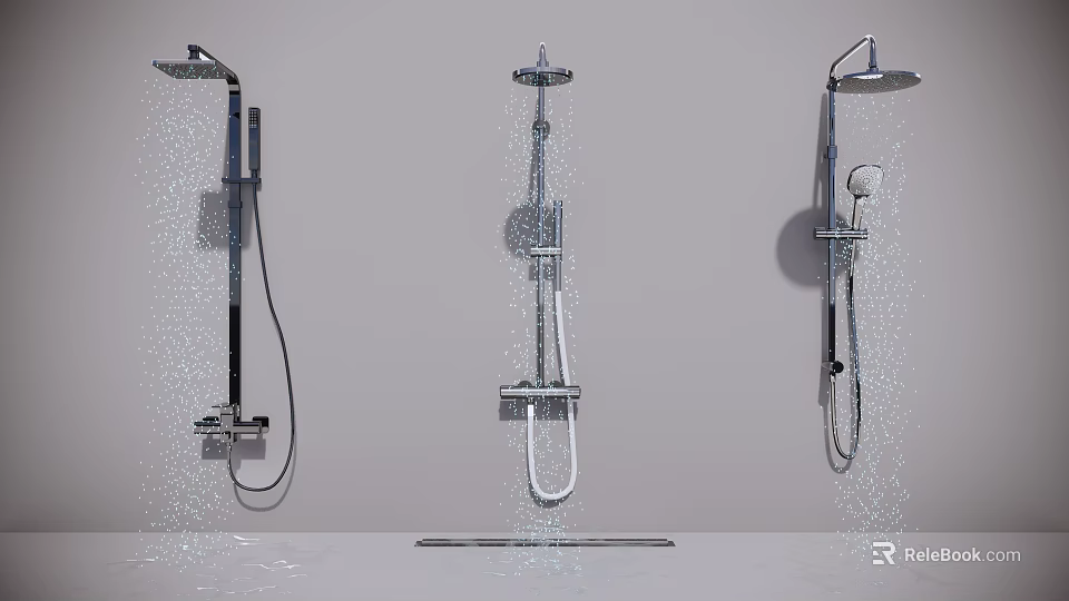 Three Shower Systems with Handheld and Overhead Sprayers in Silver Metal Design Showcasing Water Flow 3d model