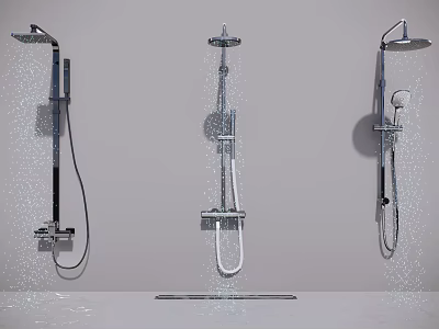 Three Shower Systems with Handheld and Overhead Sprayers in Silver Metal Design Showcasing Water Flow 3d model