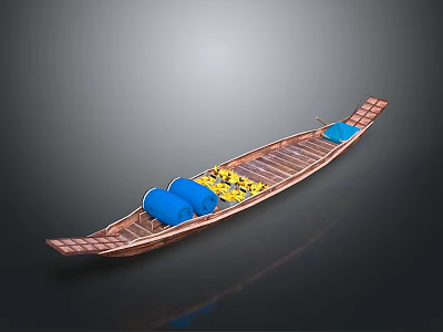 Traditional Wooden Water Transport Boat with Blue Cushions and Yellow Decorations 3d model