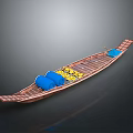 Traditional Wooden Water Transport Boat with Blue Cushions and Yellow Decorations