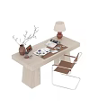 Modern Wooden Desk With Vase Branches Photo Frame Magazines And Table Lamp With Leather Chair
