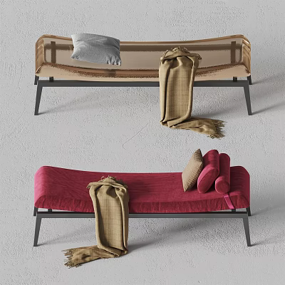 Beige And Red Chaise Lounge With Cushions Blanket And Metal Frame Design 3d model
