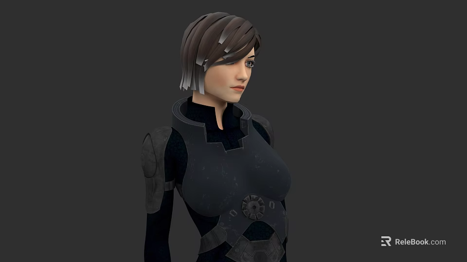Woman In Futuristic Black Armored Suit With Short Hair And Gray Background 3d model 