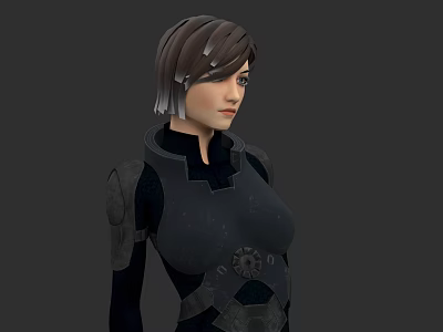 Woman In Futuristic Black Armored Suit With Short Hair And Gray Background 3d model