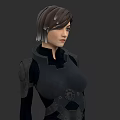 Woman In Futuristic Black Armored Suit With Short Hair And Gray Background