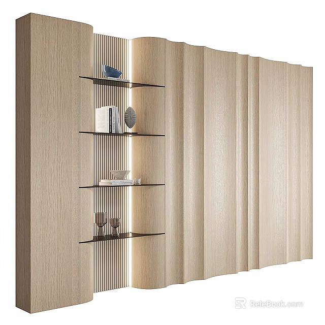 Modern Wooden Decorative Cabinet With Glass Shelves LED Strip Lighting And Vertical Striped Panel 3d model 