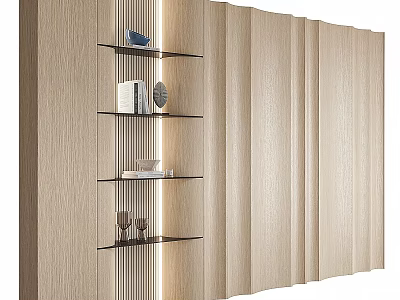 Modern Wooden Decorative Cabinet With Glass Shelves LED Strip Lighting And Vertical Striped Panel 3d model