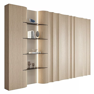 Modern Wooden Decorative Cabinet With Glass Shelves LED Strip Lighting And Vertical Striped Panel 3d model