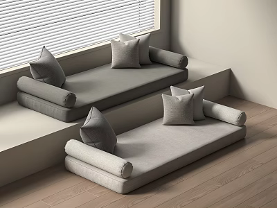 Modern Gray Sofa Seating With Cushions By Window In Minimal Interior 3d model