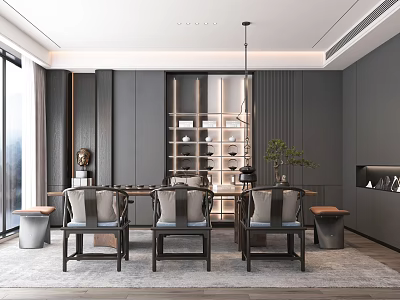 Modern Chinese Tea Room Interior With Dark Wooden Furniture Display Shelves And Green Plants 3d model