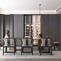 Modern Chinese Tea Room Interior With Dark Wooden Furniture Display Shelves And Green Plants
