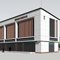 Modern Community Building Exterior With Wooden Strip Facade Greenery Pedestrians And Vehicles