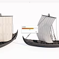 Two Ancient Sailing Ships with White Sails Black Hulls on White Background