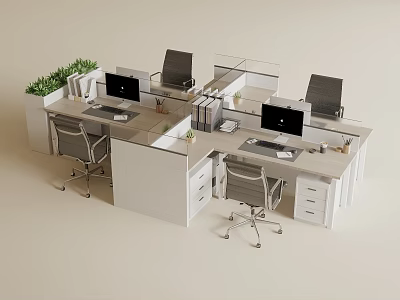 Modern Office Workstation Setup With Computers Monitors Office Chairs Green Plants And Drawers 3d model