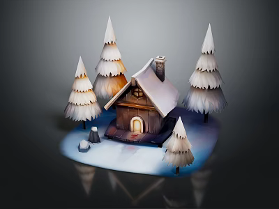 Wooden Cabin Surrounded by Snow Covered Pine Trees in Snowy Winter Scene 3d model