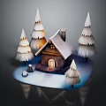 Wooden Cabin Surrounded by Snow Covered Pine Trees in Snowy Winter Scene