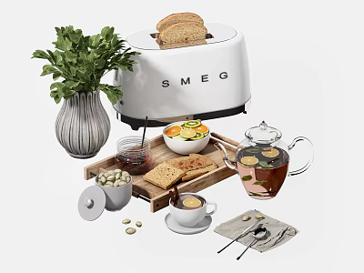 Delicious Breakfast Food Spread With Smeg Toaster Fresh Bread Salad Tea Nuts And Herbs 3d model