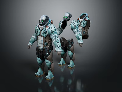 Sci Fi Game Movie Characters in Teal Mechanical Armor Featuring Glowing Green Eyes Circular Details 3d model