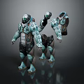 Sci Fi Game Movie Characters in Teal Mechanical Armor Featuring Glowing Green Eyes Circular Details