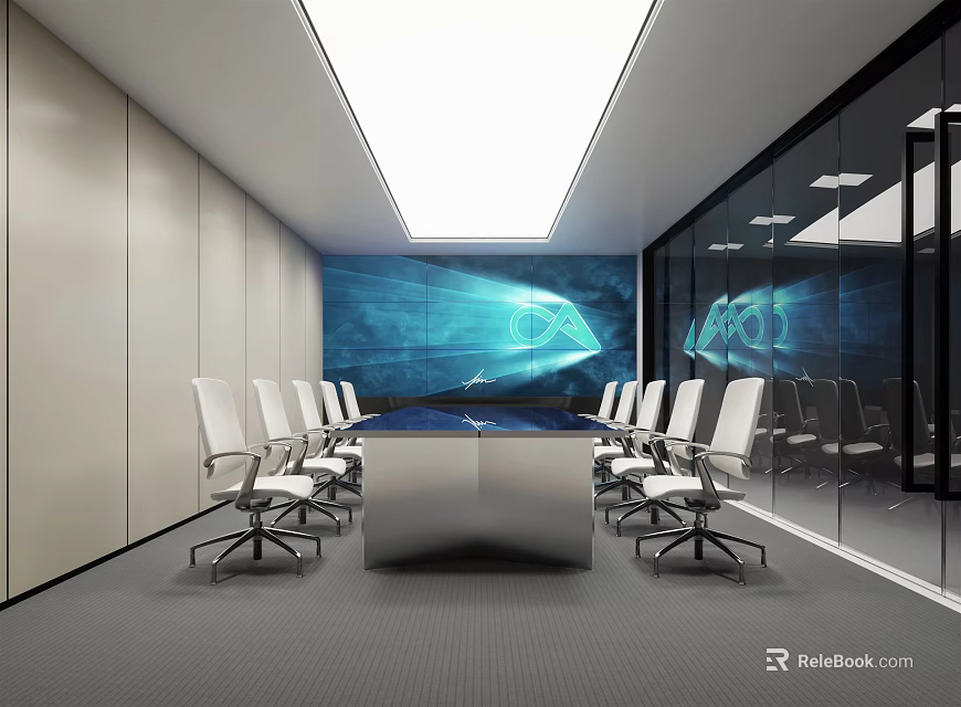 Modern Conference Room With Long Table White Chairs And Digital Display Screen 3d model 