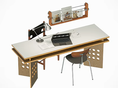 Home Office Desk and Chair with Table Lamp Laptop Papers and Wooden Bookshelf with Books 3d model