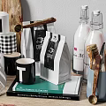 Stylish Modern Kitchenware With Jars Plates Mugs Utensils And Wooden Boards On Shelf