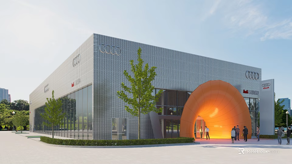 Modern Audi Showroom Building With Orange Arch Entrance Trees And People 3d model 
