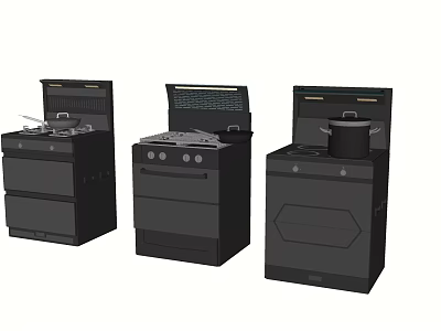 Three Different Styles Of Black Kitchen Stoves With Cooking Pots And Storage 3d model