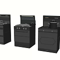 Three Different Styles Of Black Kitchen Stoves With Cooking Pots And Storage