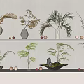 Light Colored Vases with Ferns Palm Twigs and Golden Balls on White Wall Shelf Decoration