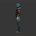 Blue Haired 3D Character Wearing Brown Jacket Green Lining Gray Pants White Gloves Pink Shoes