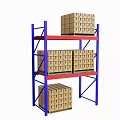 Heavy Duty Storage Rack With Blue Frame Red Shelves And Cardboard Boxes
