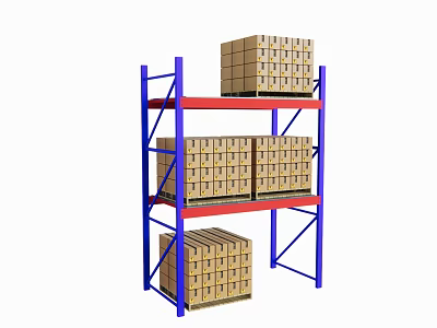 Heavy Duty Storage Rack With Blue Frame Red Shelves And Cardboard Boxes 3d model