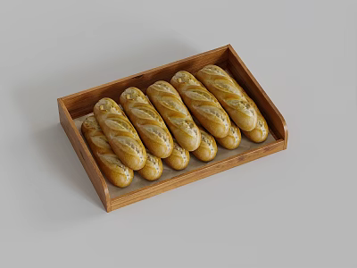 Fresh Golden Baguettes Arranged In Wooden Tray For Daily Meals Or Snacks 3d model