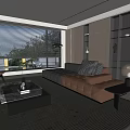 Modern Living Dining Room Interior With Brown Sofa Coffee Table And Large Window 3d model