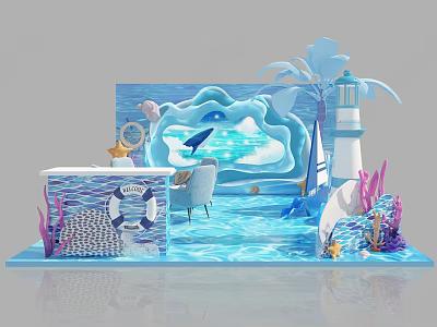 Ocean Themed Decorative Scene With Lighthouse Whale Seashell Lifebuoy And Blue Water 3d model
