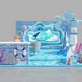 Ocean Themed Decorative Scene With Lighthouse Whale Seashell Lifebuoy And Blue Water