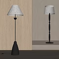 Modern Floor Lamps With White Shades And Black Bases Against Wooden And Light Textured Backgrounds