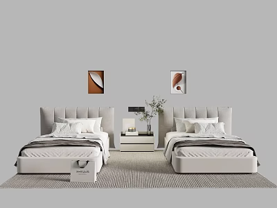 Two Single Beds With Grey Headboards White Mattresses Nightstands Table Lamps And Wall Art 3d model