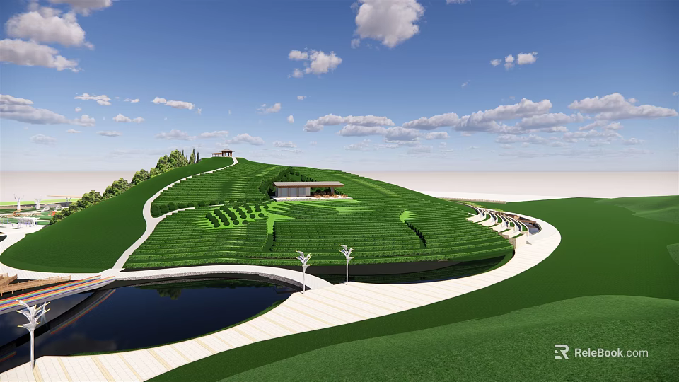 Scenic Green Hillside Landscape With Terraced Fields Pond Winding Path Small Building Under Blue Sky 3d model 