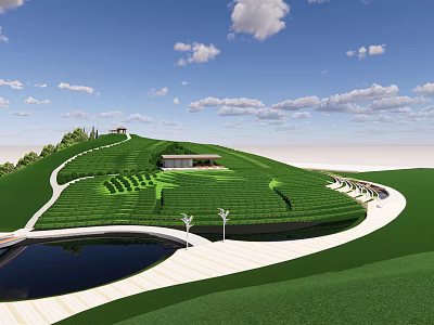 Scenic Green Hillside Landscape With Terraced Fields Pond Winding Path Small Building Under Blue Sky 3d model