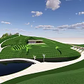 Scenic Green Hillside Landscape With Terraced Fields Pond Winding Path Small Building Under Blue Sky