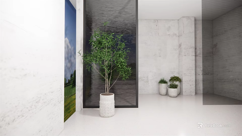 Modern Indoor Space Featuring Large And Small Potted Plants In White Planters 3d model 