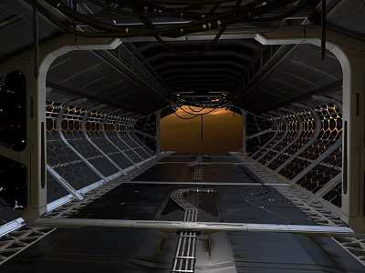 Space Station Corridor Interior With Metallic Frames And Industrial Lighting 3d model