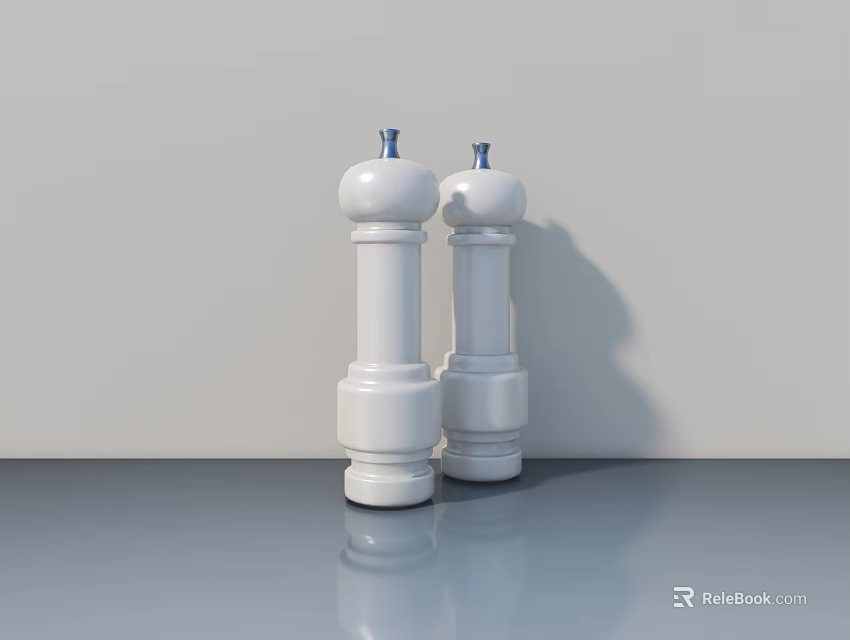 Smart White Pepper Mills With Blue Lids On Gray Countertop Against Light Gray Wall 3d model 