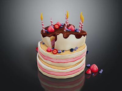Layered Birthday Cake With Lit Candles Fresh Strawberries Blueberries Chocolate Sauce And A Slice Taken 3d model