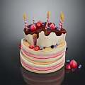 Layered Birthday Cake With Lit Candles Fresh Strawberries Blueberries Chocolate Sauce And A Slice Taken